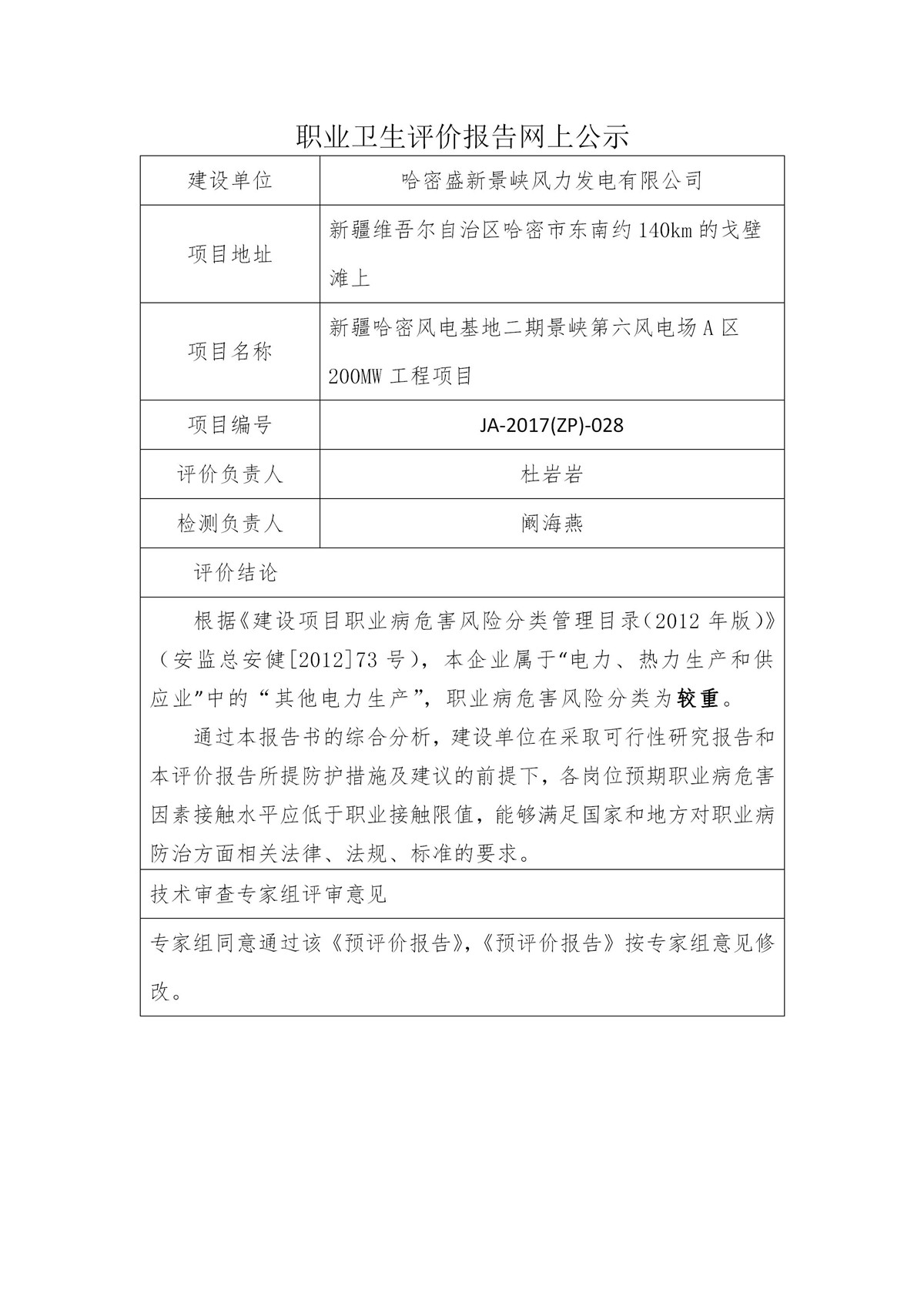 JA-2017(ZP)-028哈密盛新景峡风力发电有限公司 新疆哈密风电基地二期景峡第六风电场A区200MW工程项目职业病危害预评价_01.jpg