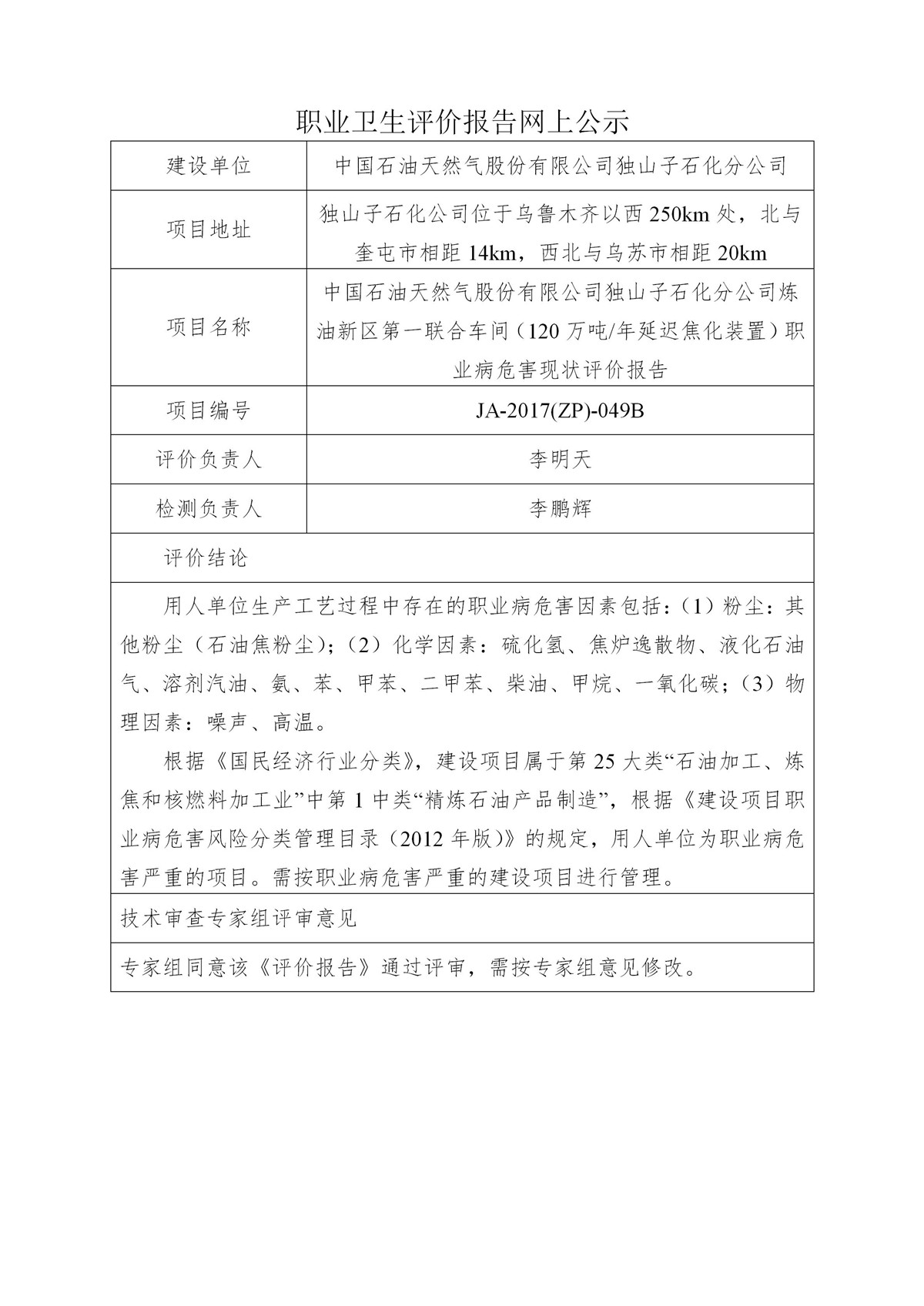 JA-2017(ZP)-049B中国石油天然气股份有限公司独山子石化分公司炼油新区第一联合车间（120万吨年延迟焦化装置）职业病危害现状评价报告_01.jpg