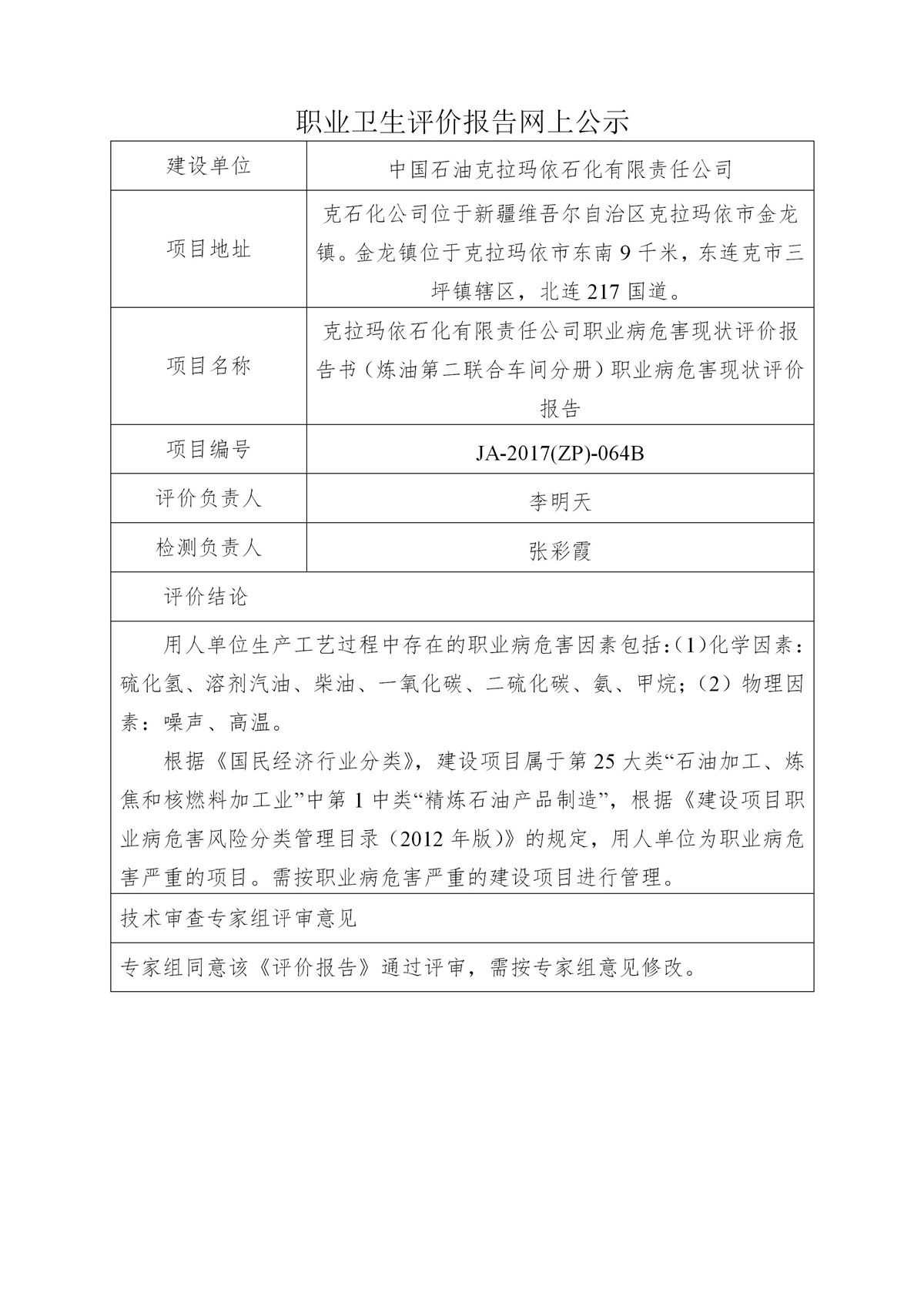 JA-2017(ZP)-064B中国石油天然气股份有限公司克拉玛依石化有限责任公司（炼油第二联合车间分册）职业病危害现状评价报告书_01.jpg