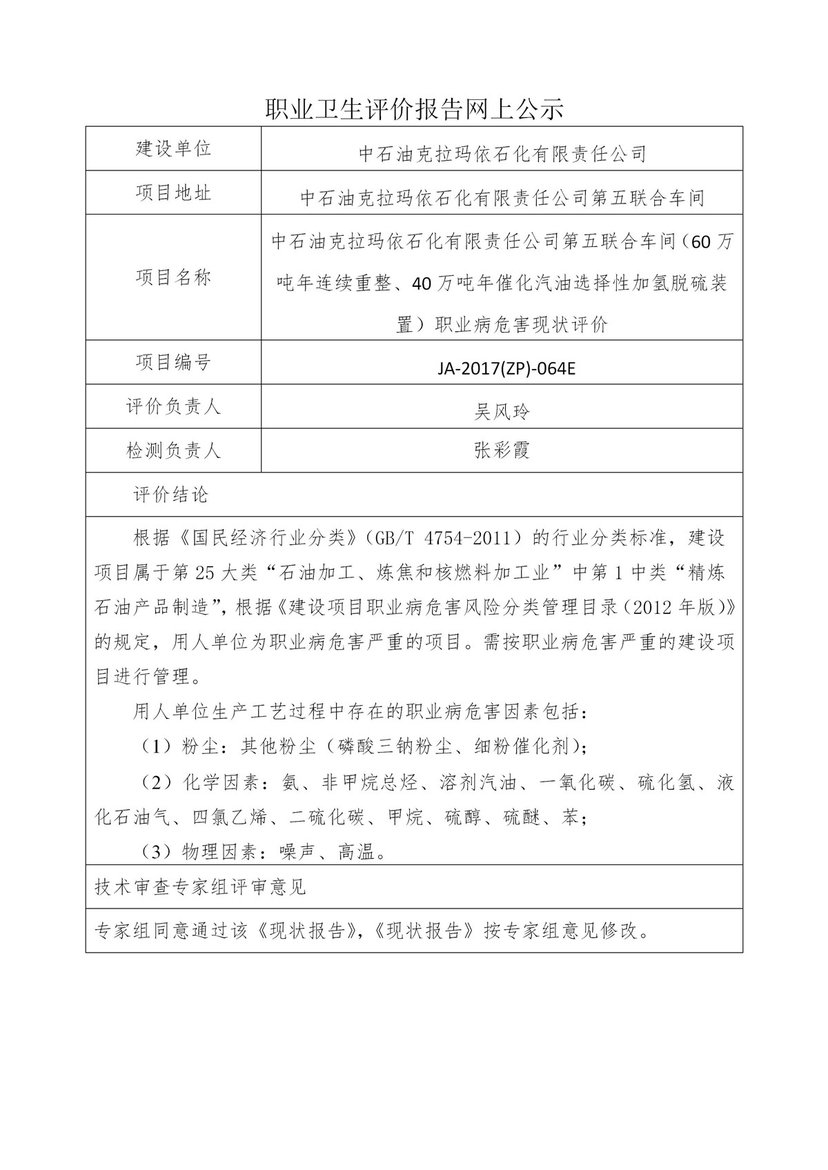 JA-2017(ZP)-064E中石油克拉玛依石化有限责任公司第五联合车间（60万吨年连续重整、40万吨年催化汽油选择性加氢脱硫装置）职业病危害现状评价_01.jpg