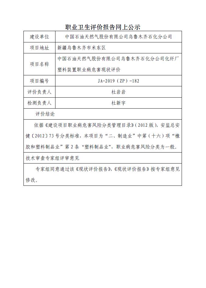 JA-2019(ZP)-182中国石油天然气股份有限公司乌鲁木齐石化分公司化纤厂塑料装置职业病危害现状评价.jpg